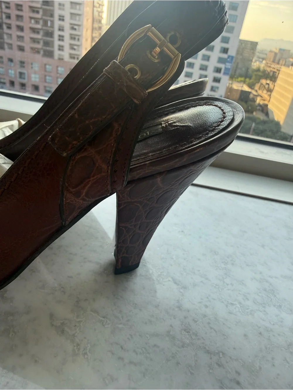 Louis Vuitton Burgundy Leather Slingback Heels with Gold Buckle
